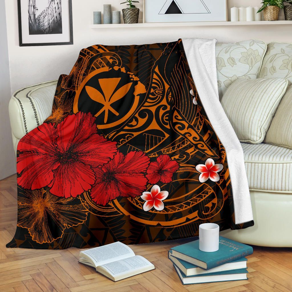 Polynesian Hawaii  Kanaka Maoli Premium Blanket - Humpback Whale with Hibiscus (Golden)