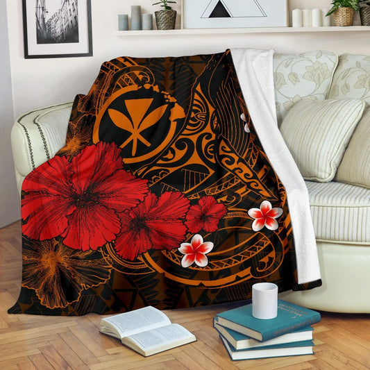 Polynesian Hawaii  Kanaka Maoli Premium Blanket - Humpback Whale with Hibiscus (Golden)