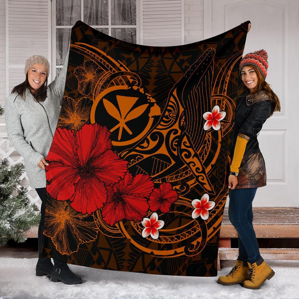 Polynesian Hawaii  Kanaka Maoli Premium Blanket - Humpback Whale with Hibiscus (Golden)