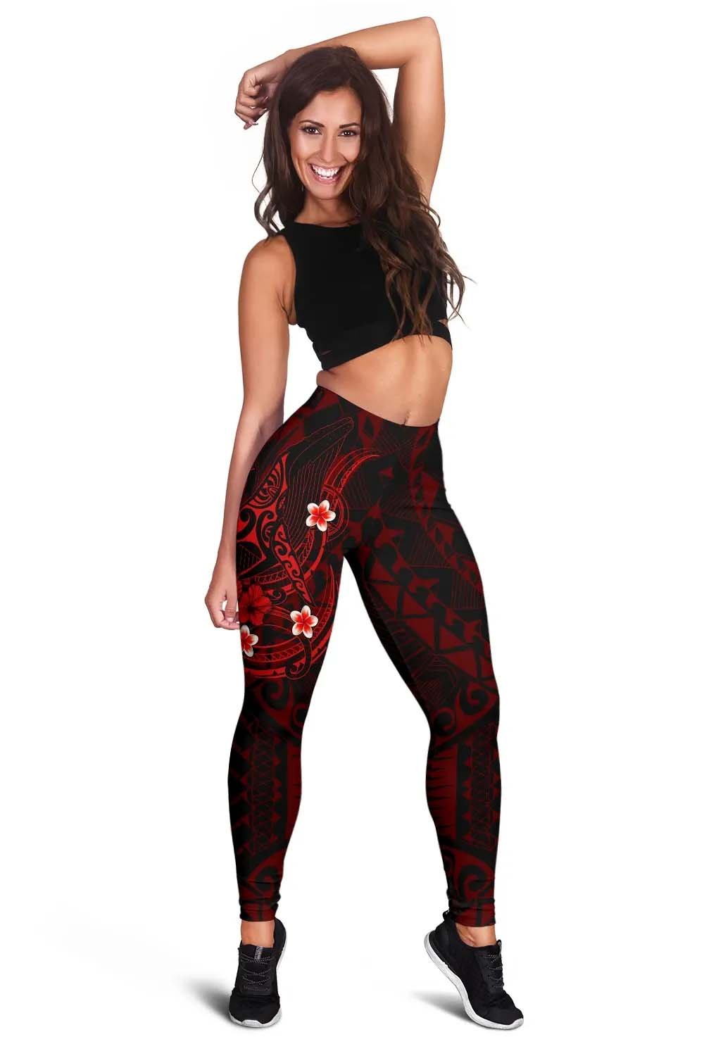 Polynesian Hawaii Legging - Humpback Whale with Hibiscus (Red)
