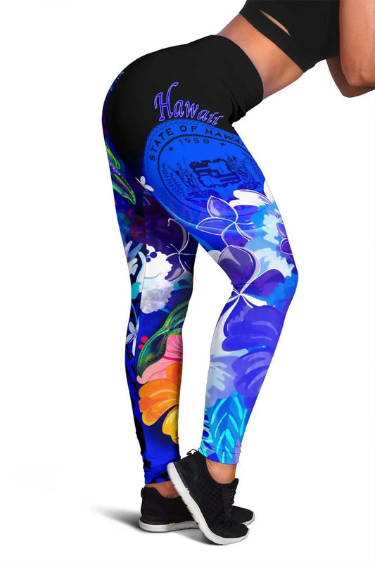 Polynesian Hawaii Legging - Humpback Whale with Tropical Flowers (Blue)