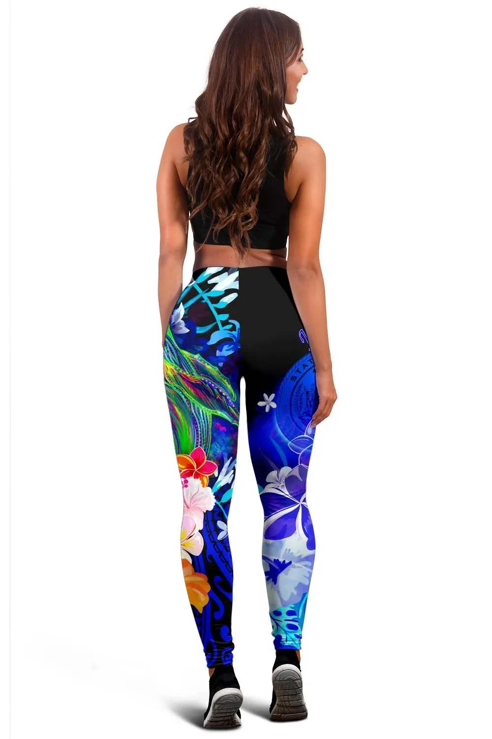 Polynesian Hawaii Legging - Humpback Whale with Tropical Flowers (Blue)
