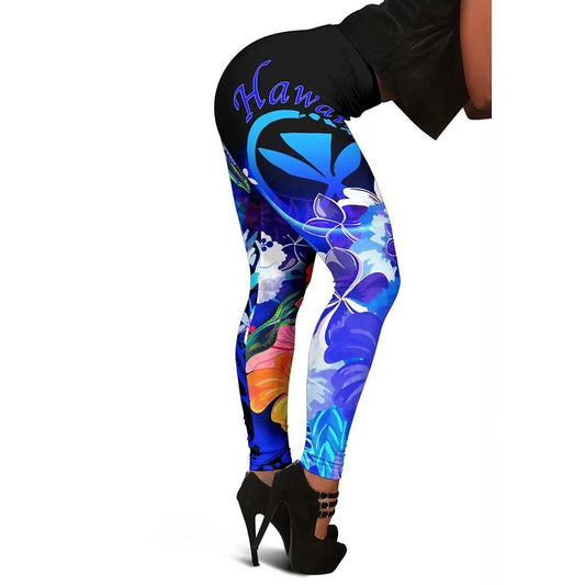 Polynesian Hawaii Legging - Kanaka Maoli Humpback Whale with Tropical Flowers (Blue)