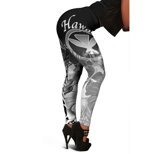 Polynesian Hawaii Legging - Kanaka Maoli Humpback Whale with Tropical Flowers (White)