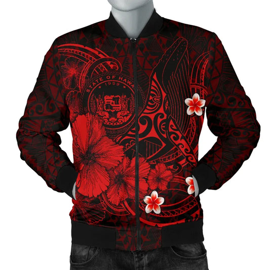 Polynesian Hawaii Bomber Jacket - Humpback Whale with Hibiscus (Red)