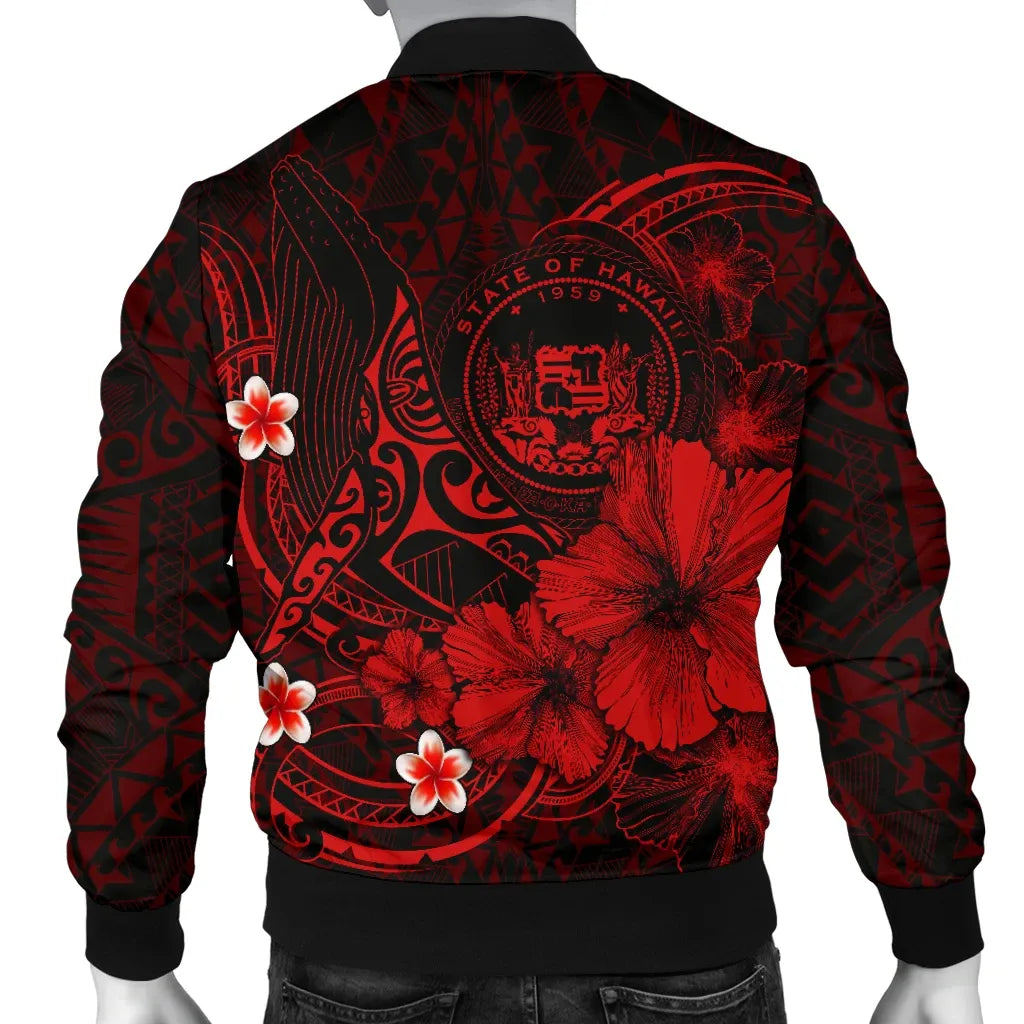 Polynesian Hawaii Bomber Jacket - Humpback Whale with Hibiscus (Red)