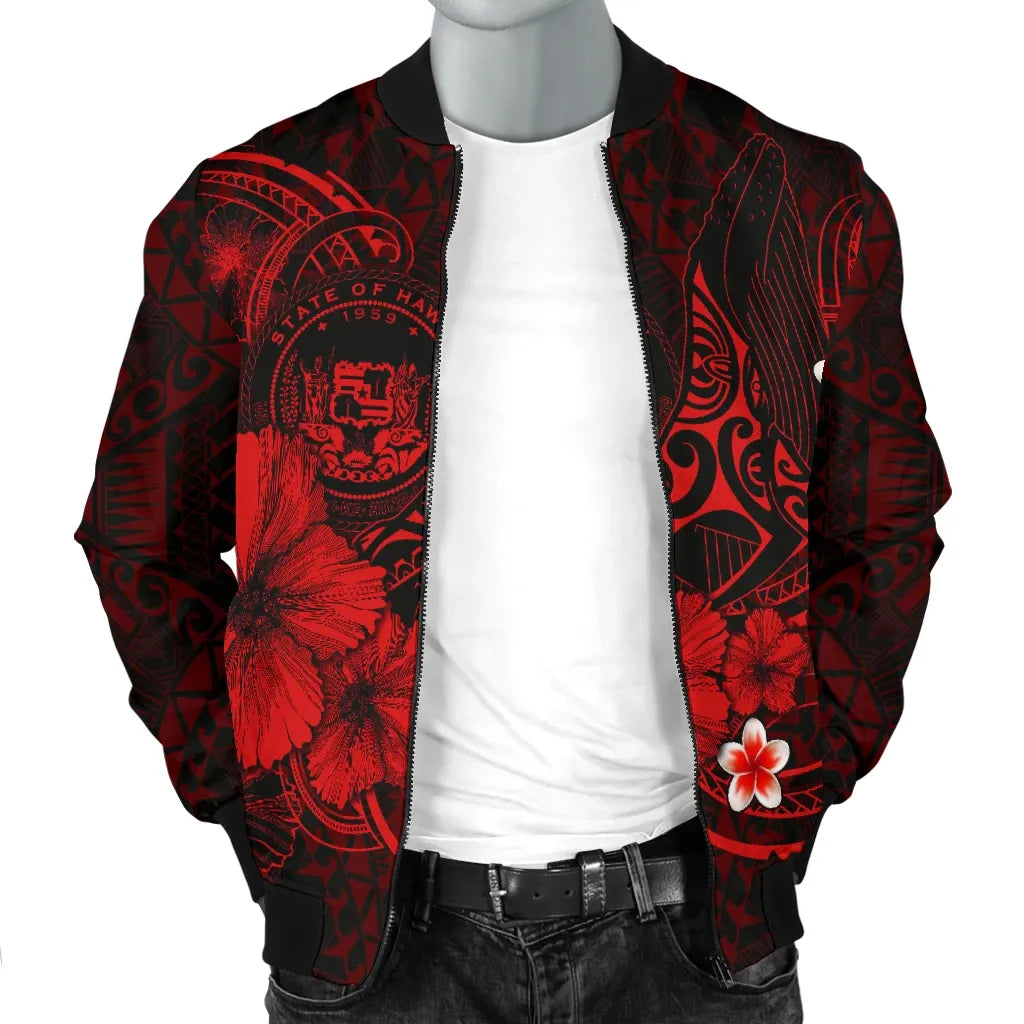 Polynesian Hawaii Bomber Jacket - Humpback Whale with Hibiscus (Red)