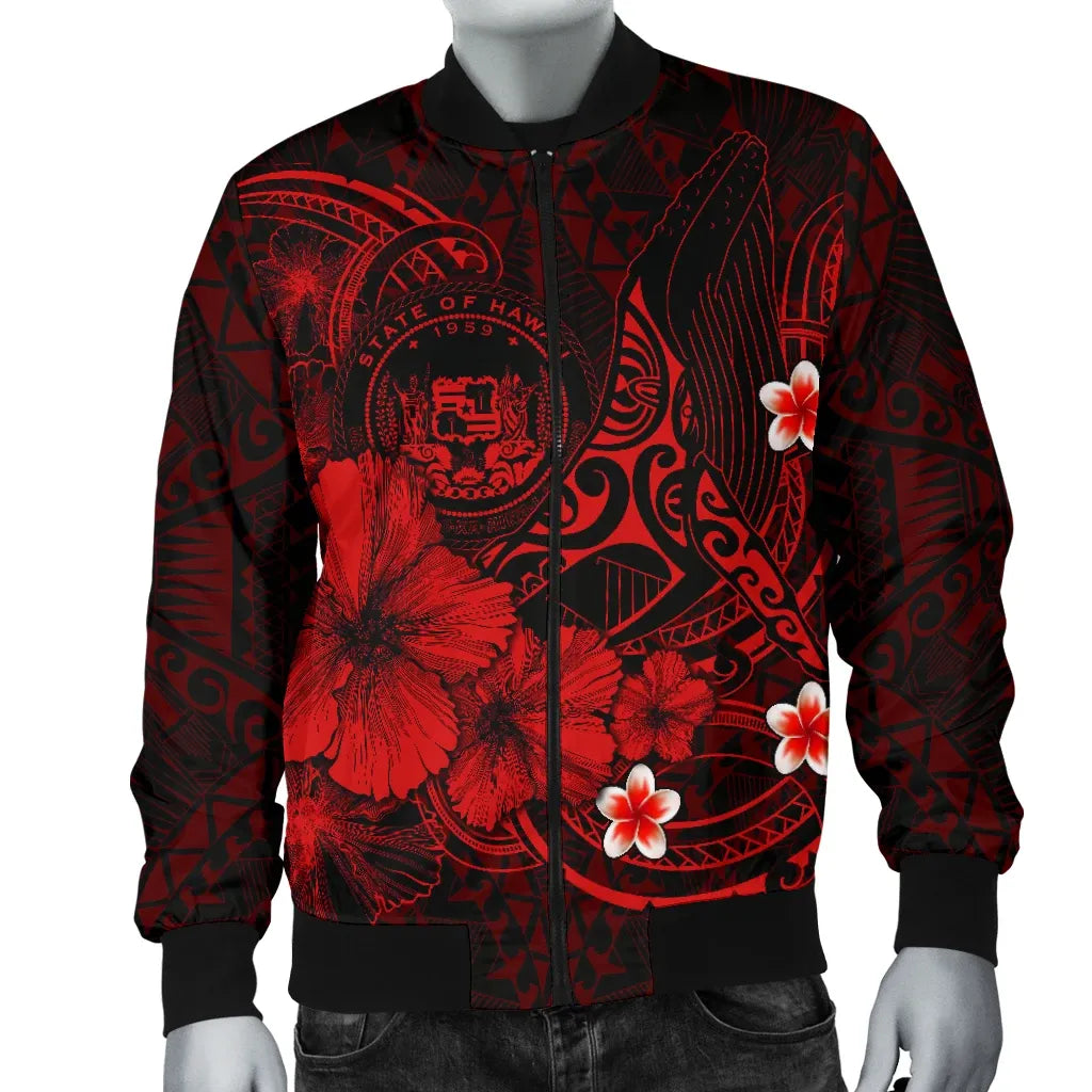 Polynesian Hawaii Bomber Jacket - Humpback Whale with Hibiscus (Red)