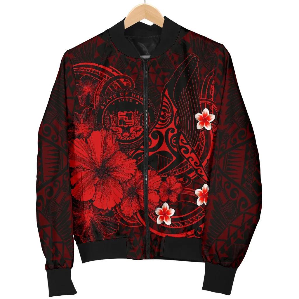 Polynesian Hawaii Bomber Jacket - Humpback Whale with Hibiscus (Red)