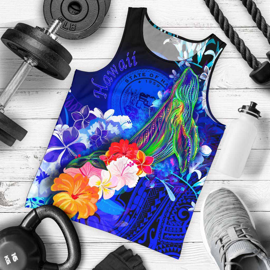 Polynesian Hawaii Men Tank Top - Humpback Whale with Tropical Flowers (Blue)
