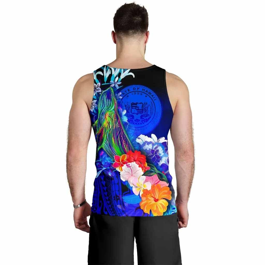 Polynesian Hawaii Men Tank Top - Humpback Whale with Tropical Flowers (Blue)
