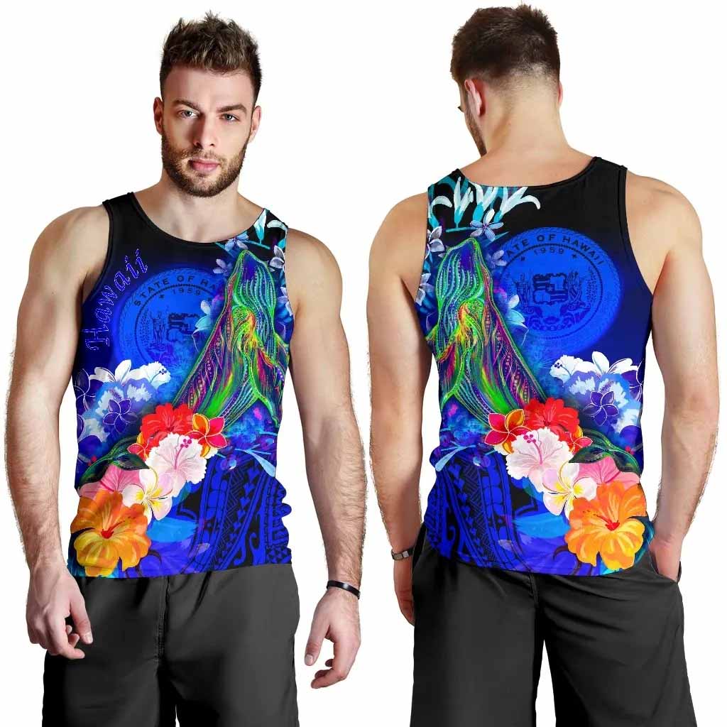 Polynesian Hawaii Men Tank Top - Humpback Whale with Tropical Flowers (Blue)