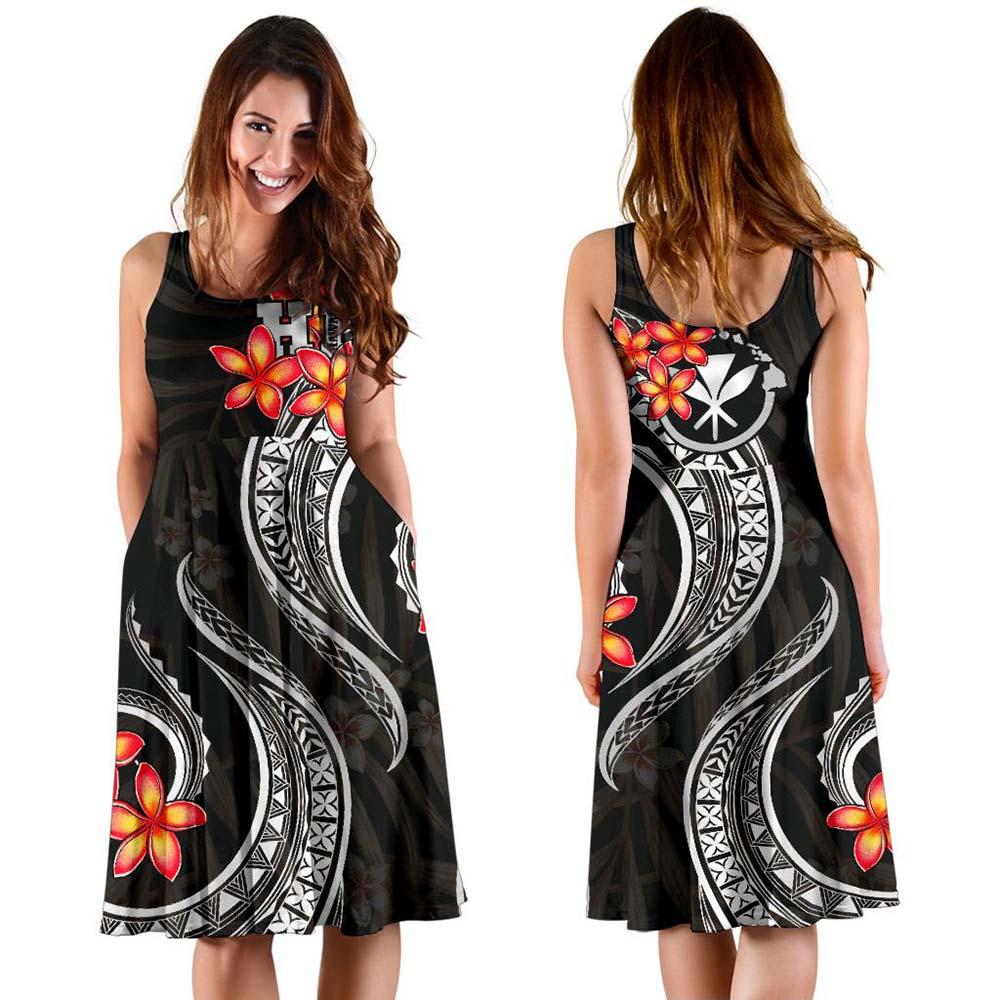 Polynesian Hawaii Midi Dress - Black Plumeria