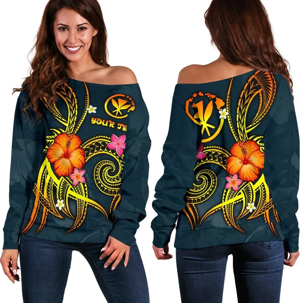 Polynesian Hawaii Personalised Off Shoulder Sweater - Legend of Kanaka Maoli (Blue)