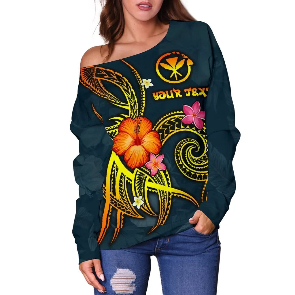 Polynesian Hawaii Personalised Off Shoulder Sweater - Legend of Kanaka Maoli (Blue)