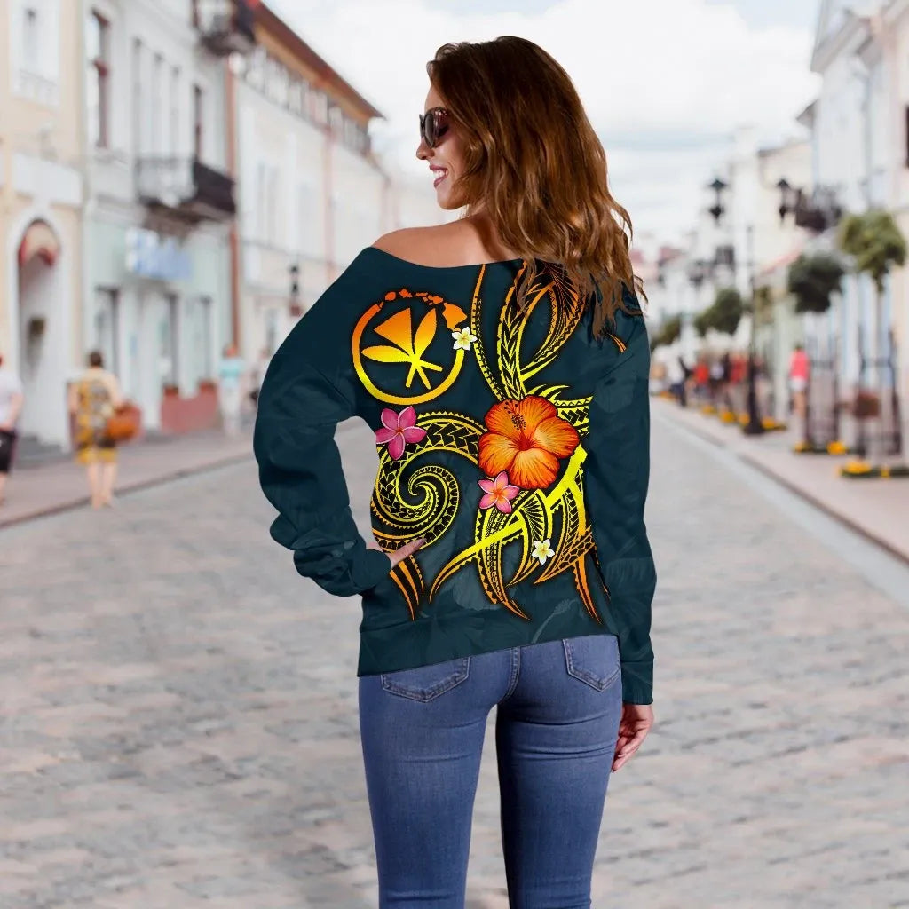 Polynesian Hawaii Personalised Off Shoulder Sweater - Legend of Kanaka Maoli (Blue)