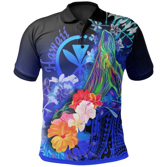 Polynesian Hawaii Polo Shrits - Kanaka Maoli Humpback Whale with Tropical Flowers (Blue)