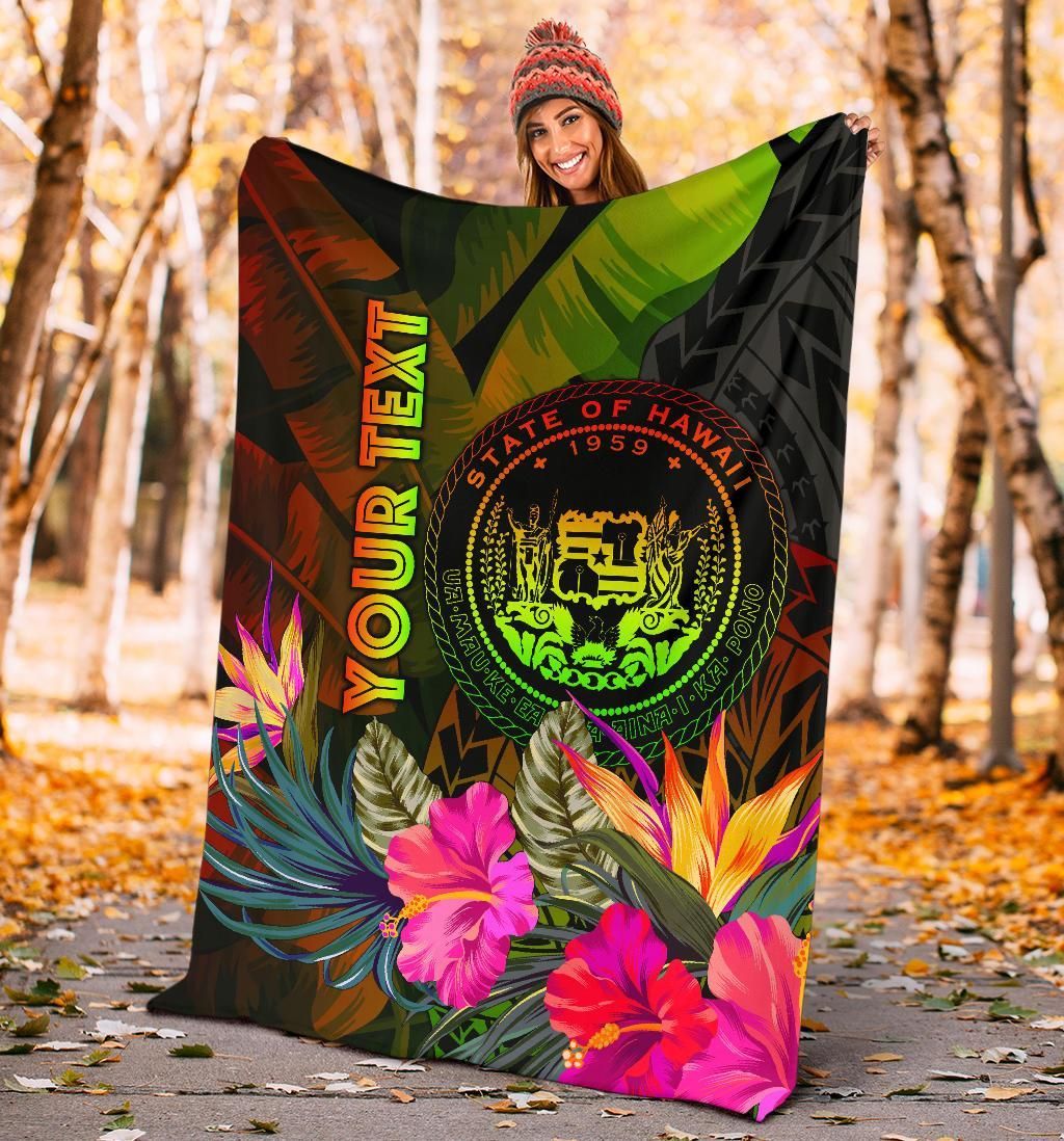Polynesian Hawaii Polynesian Personalised Premium Blanket -  Hibiscus and Banana Leaves