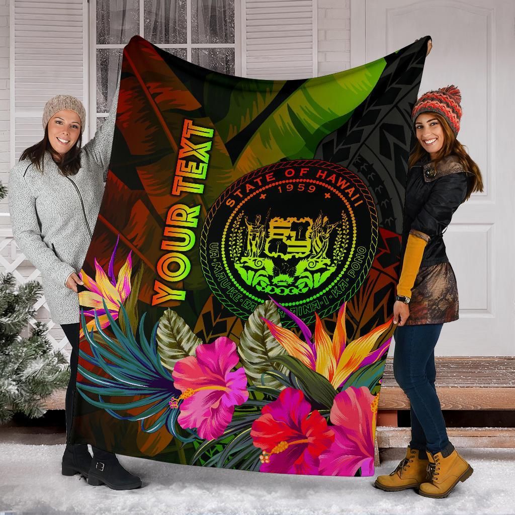 Polynesian Hawaii Polynesian Personalised Premium Blanket -  Hibiscus and Banana Leaves