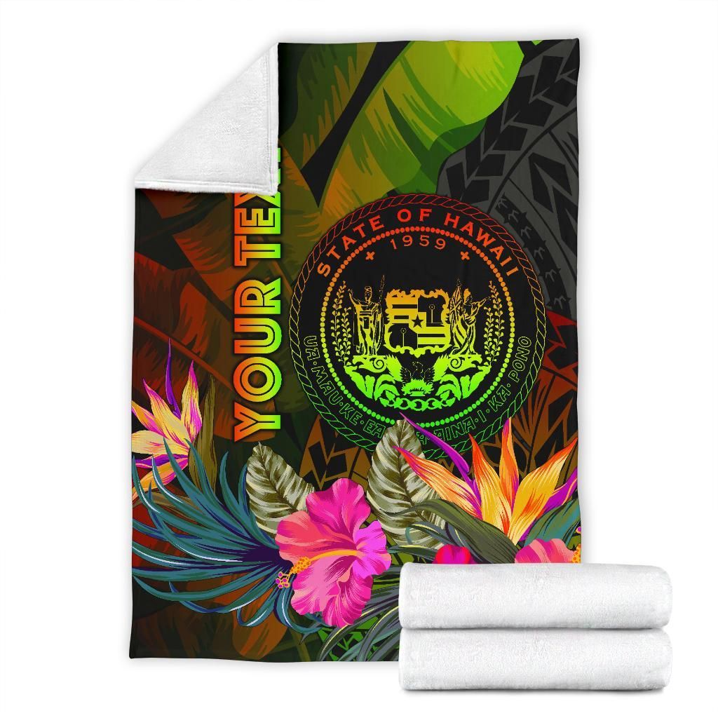 Polynesian Hawaii Polynesian Personalised Premium Blanket -  Hibiscus and Banana Leaves