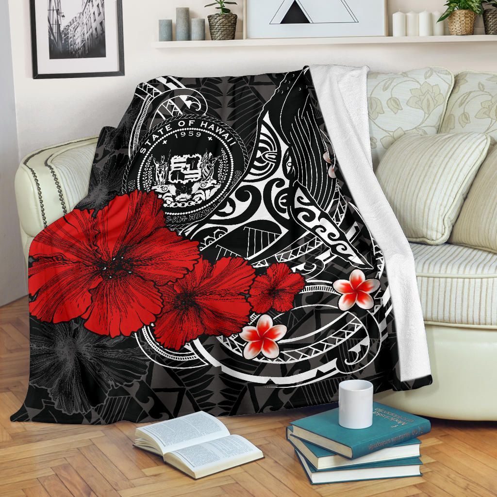 Polynesian Hawaii Premium Blanket - Humpback Whale with Hibiscus (White)