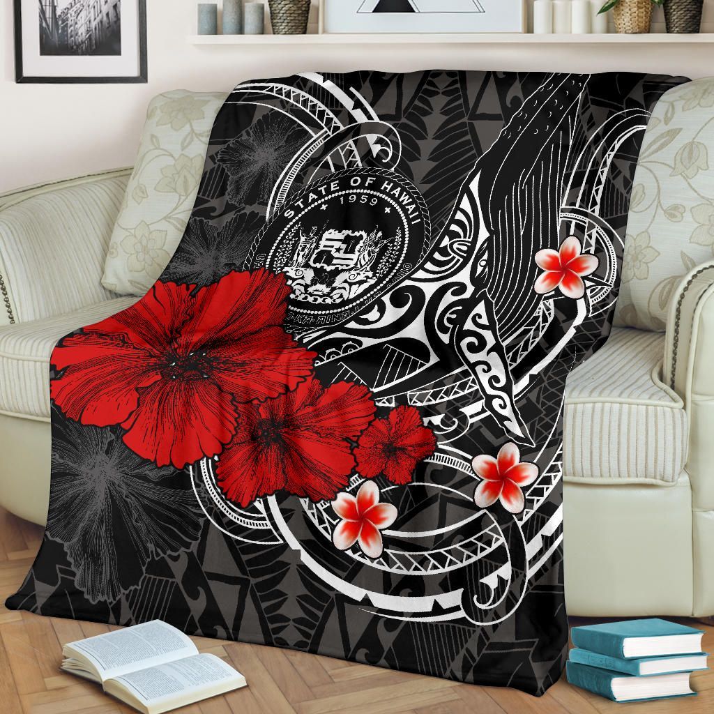 Polynesian Hawaii Premium Blanket - Humpback Whale with Hibiscus (White)