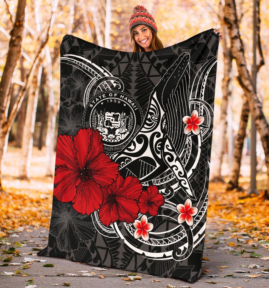 Polynesian Hawaii Premium Blanket - Humpback Whale with Hibiscus (White)