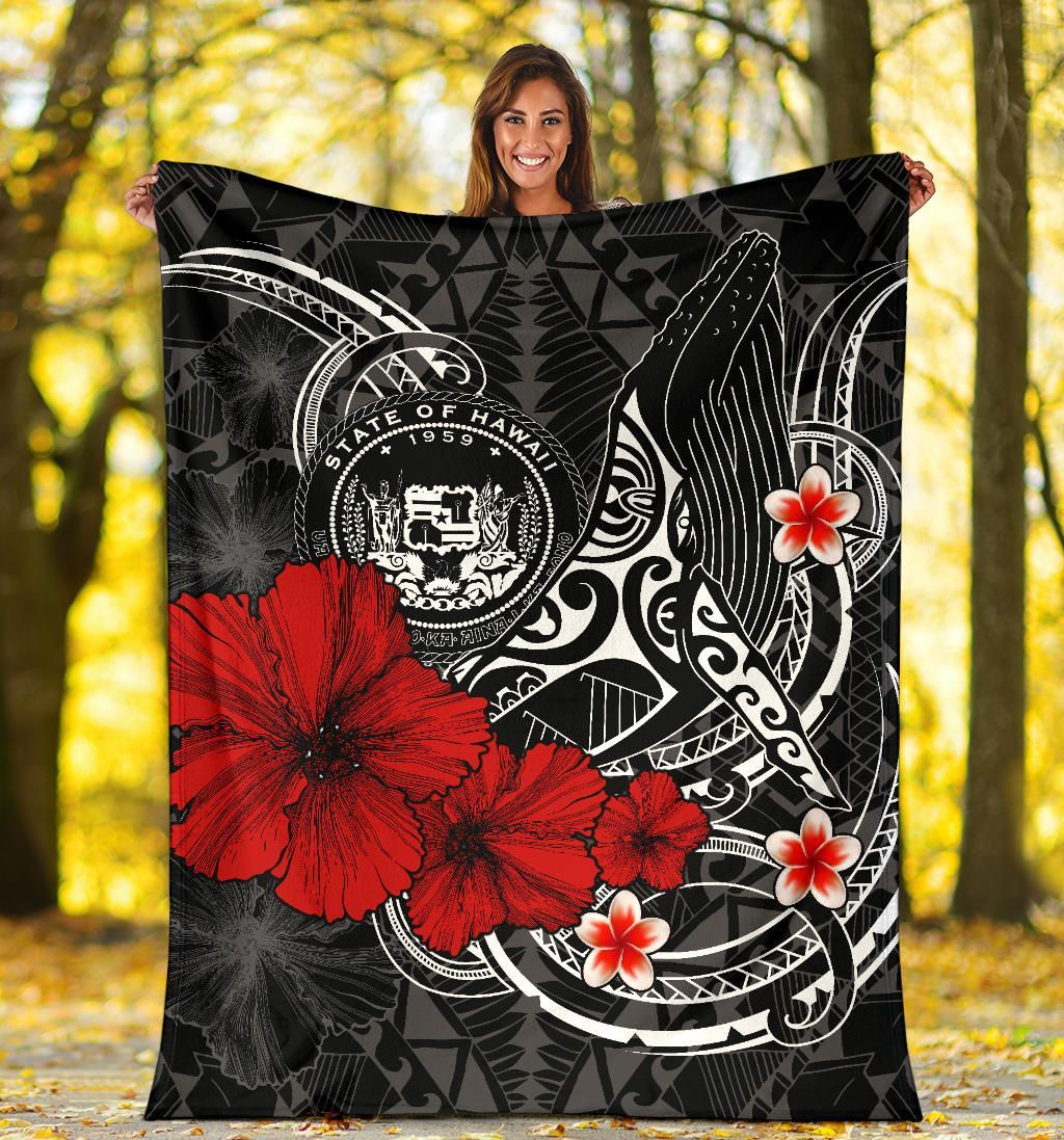 Polynesian Hawaii Premium Blanket - Humpback Whale with Hibiscus (White)