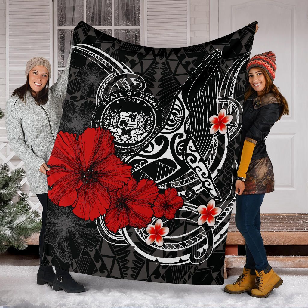 Polynesian Hawaii Premium Blanket - Humpback Whale with Hibiscus (White)