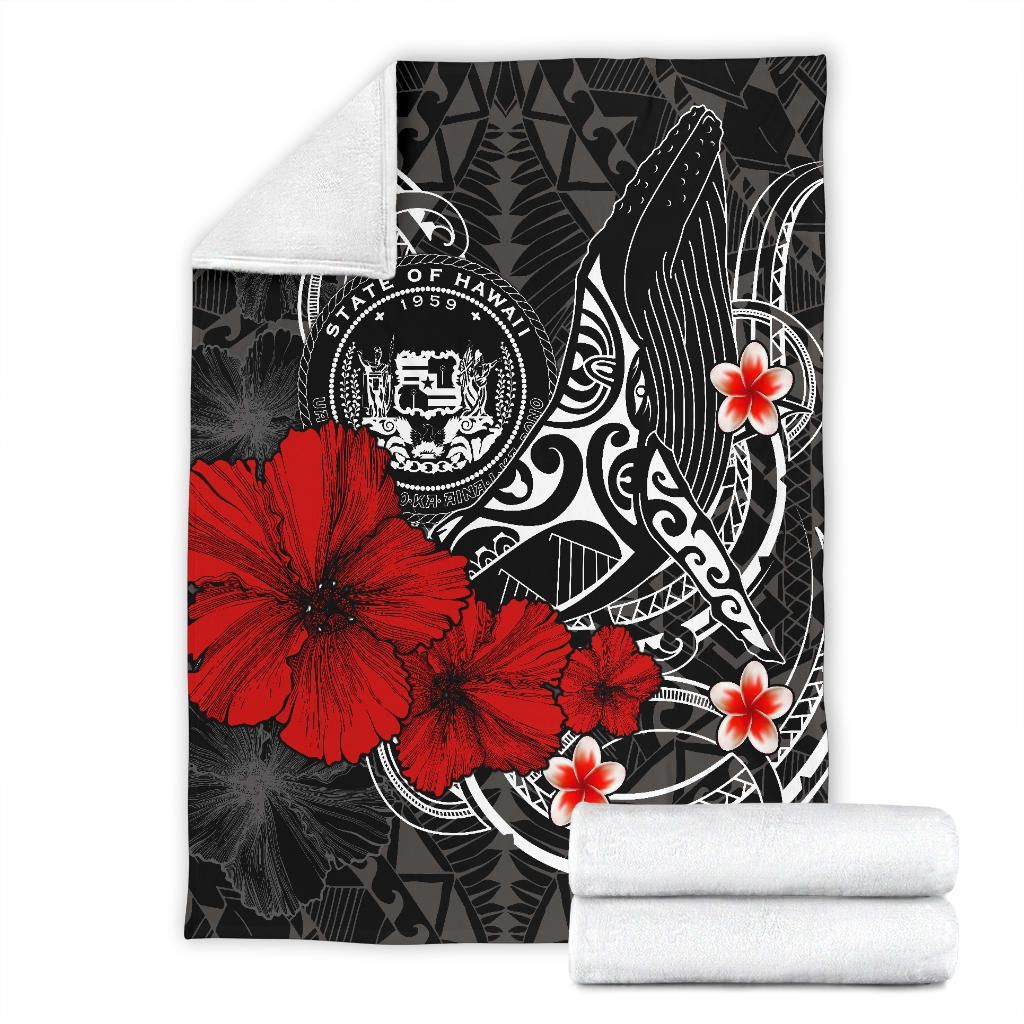Polynesian Hawaii Premium Blanket - Humpback Whale with Hibiscus (White)