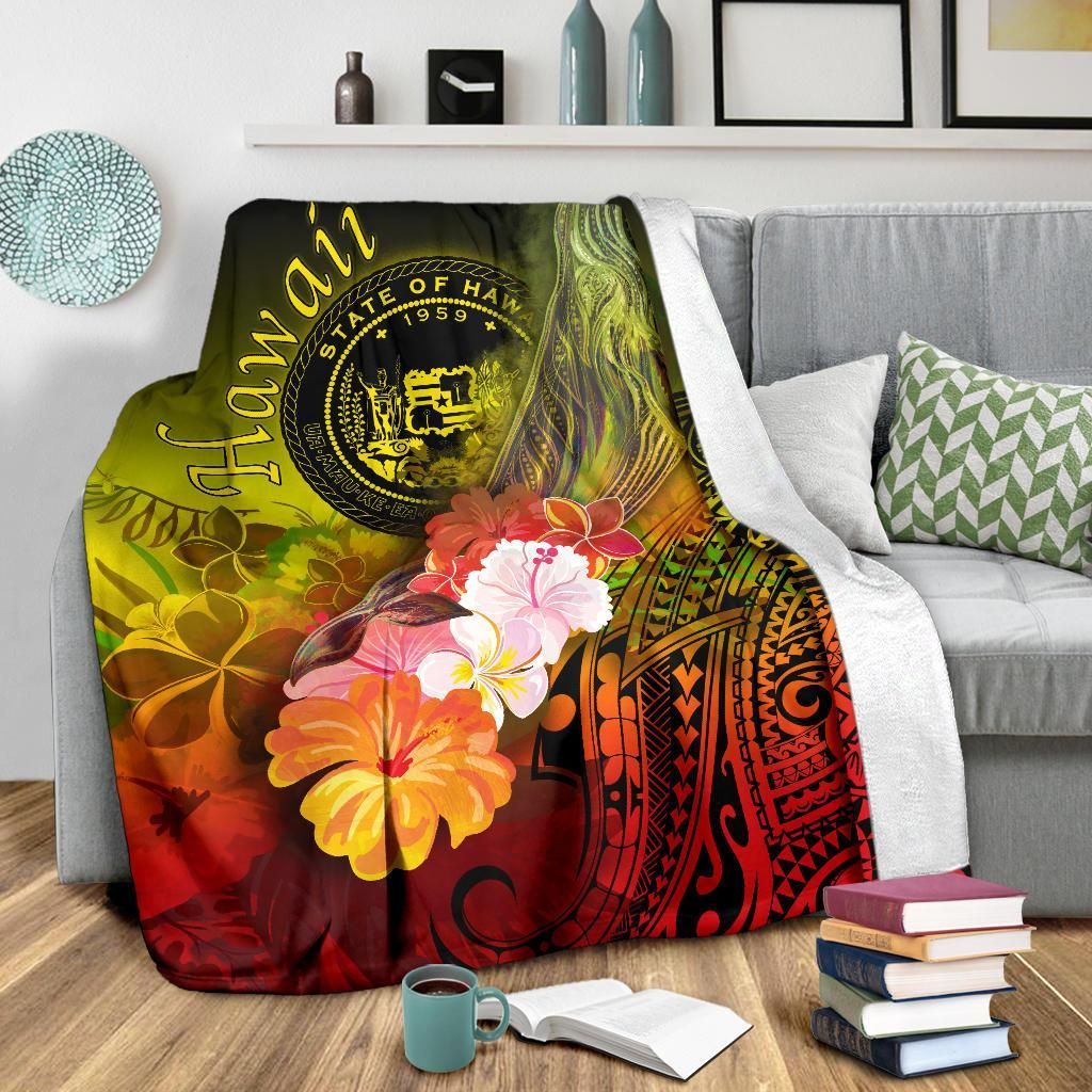 Polynesian Hawaii Premium Blanket - Humpback Whale with Tropical Flowers (Yellow)