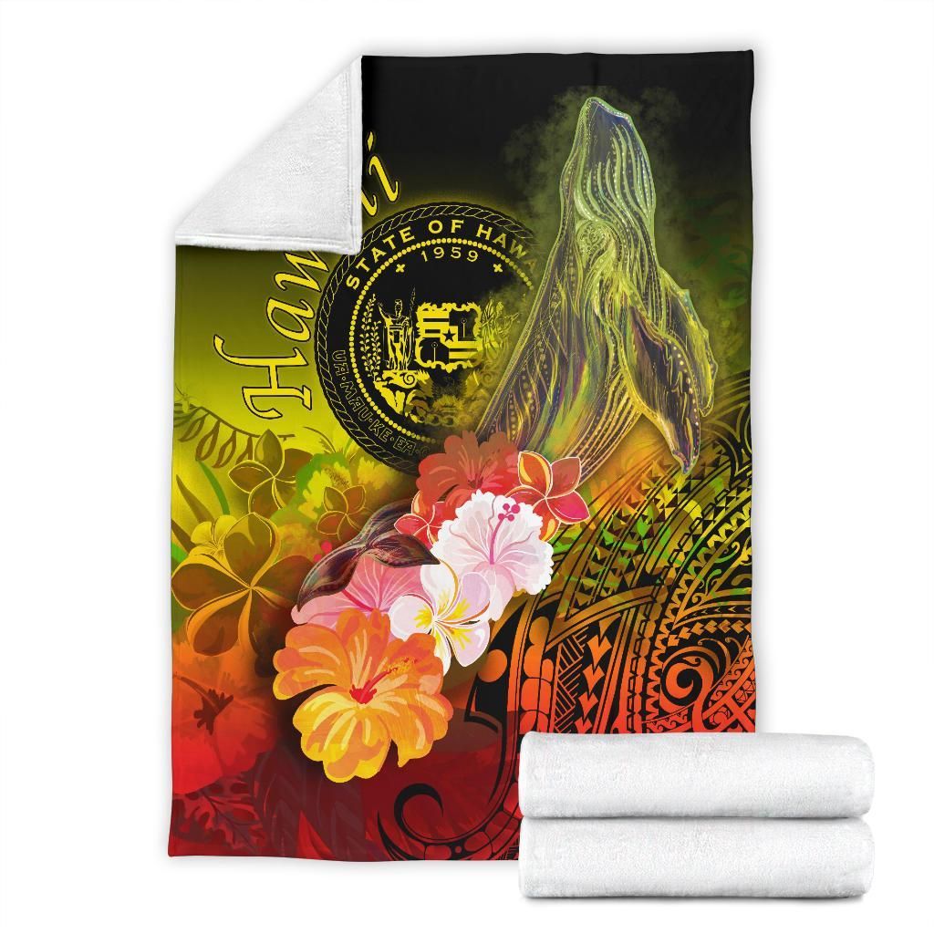 Polynesian Hawaii Premium Blanket - Humpback Whale with Tropical Flowers (Yellow)
