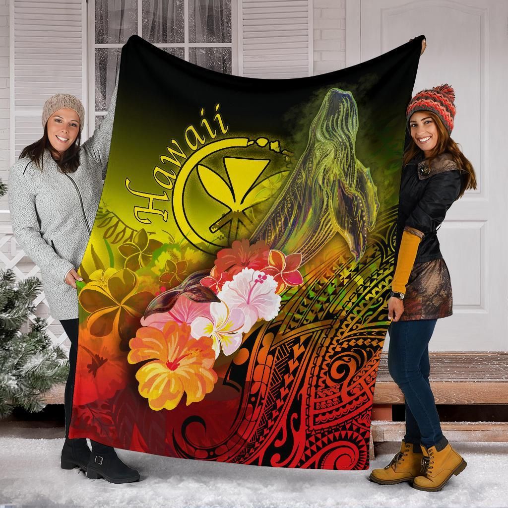 Polynesian Hawaii Premium Blanket - Kanaka Maoli Humpback Whale with Tropical Flowers (Yellow)