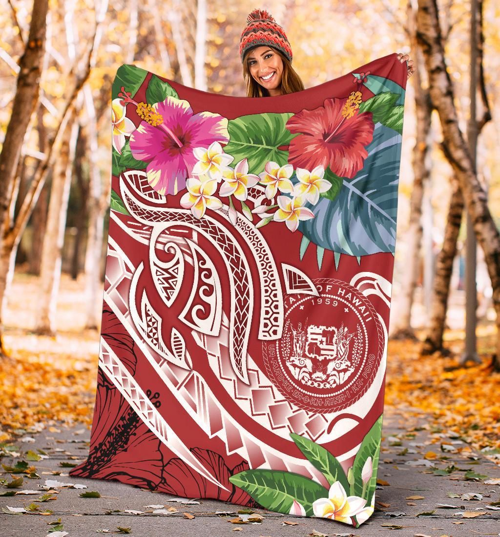 Polynesian Hawaii Premium Blanket - Summer Plumeria (Red)
