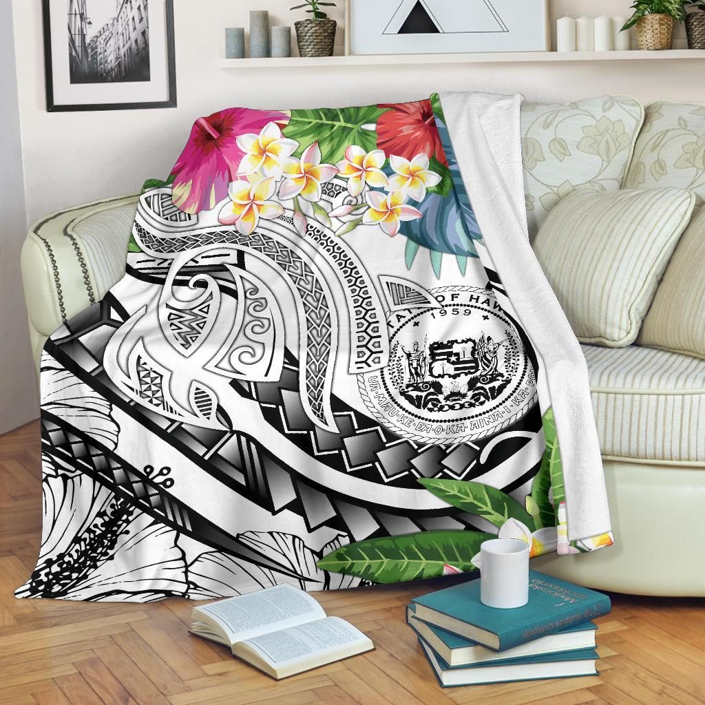 Polynesian Hawaii Premium Blanket - Summer Plumeria (White)