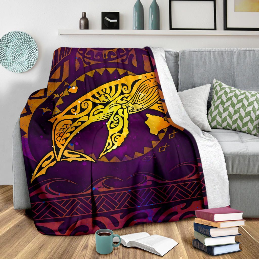 Polynesian Hawaii Premium Blanket - Whale Hawaii Map Purple Galaxy