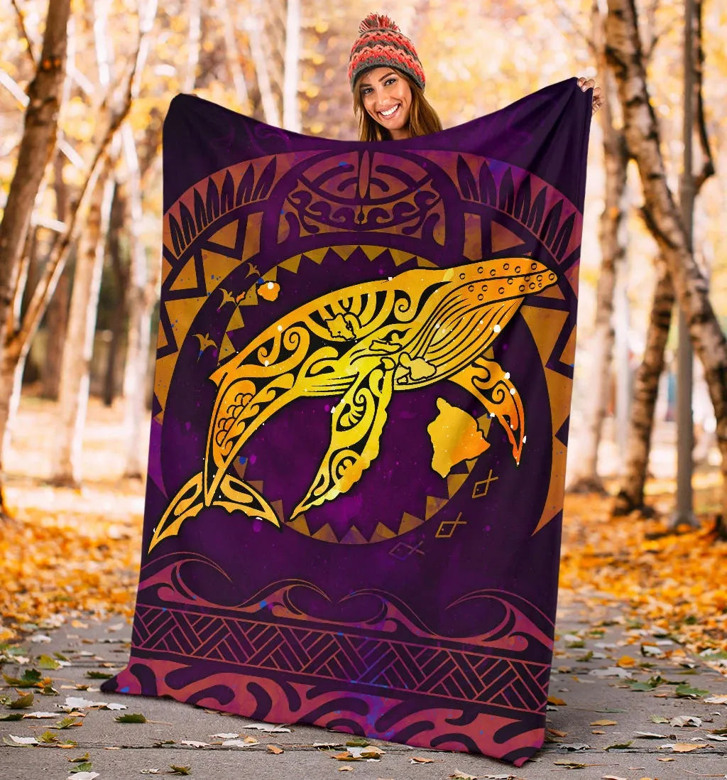 Polynesian Hawaii Premium Blanket - Whale Hawaii Map Purple Galaxy