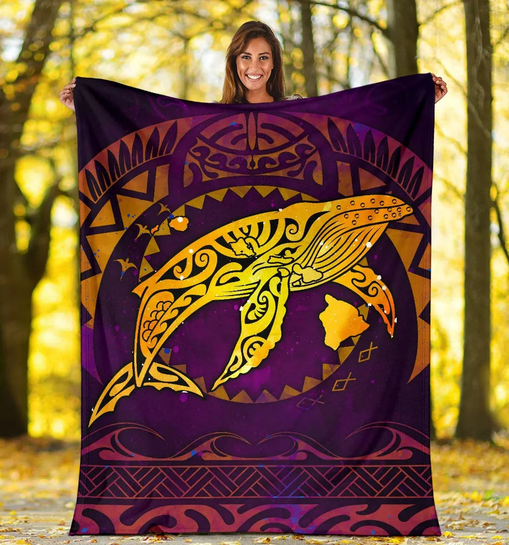 Polynesian Hawaii Premium Blanket - Whale Hawaii Map Purple Galaxy