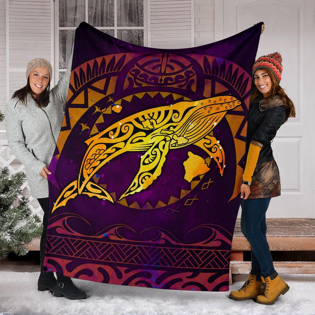 Polynesian Hawaii Premium Blanket - Whale Hawaii Map Purple Galaxy
