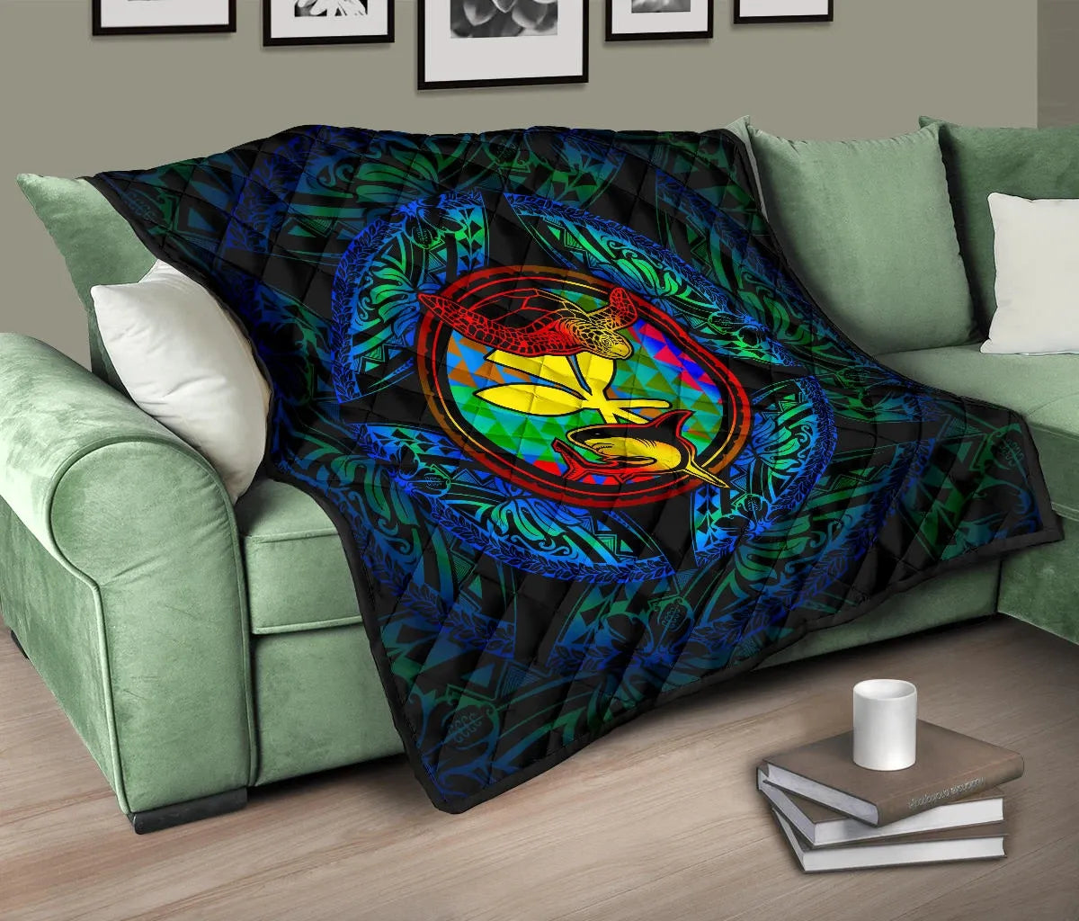 Polynesian Hawaii Premium Quilt - Colorful Turtle Shark
