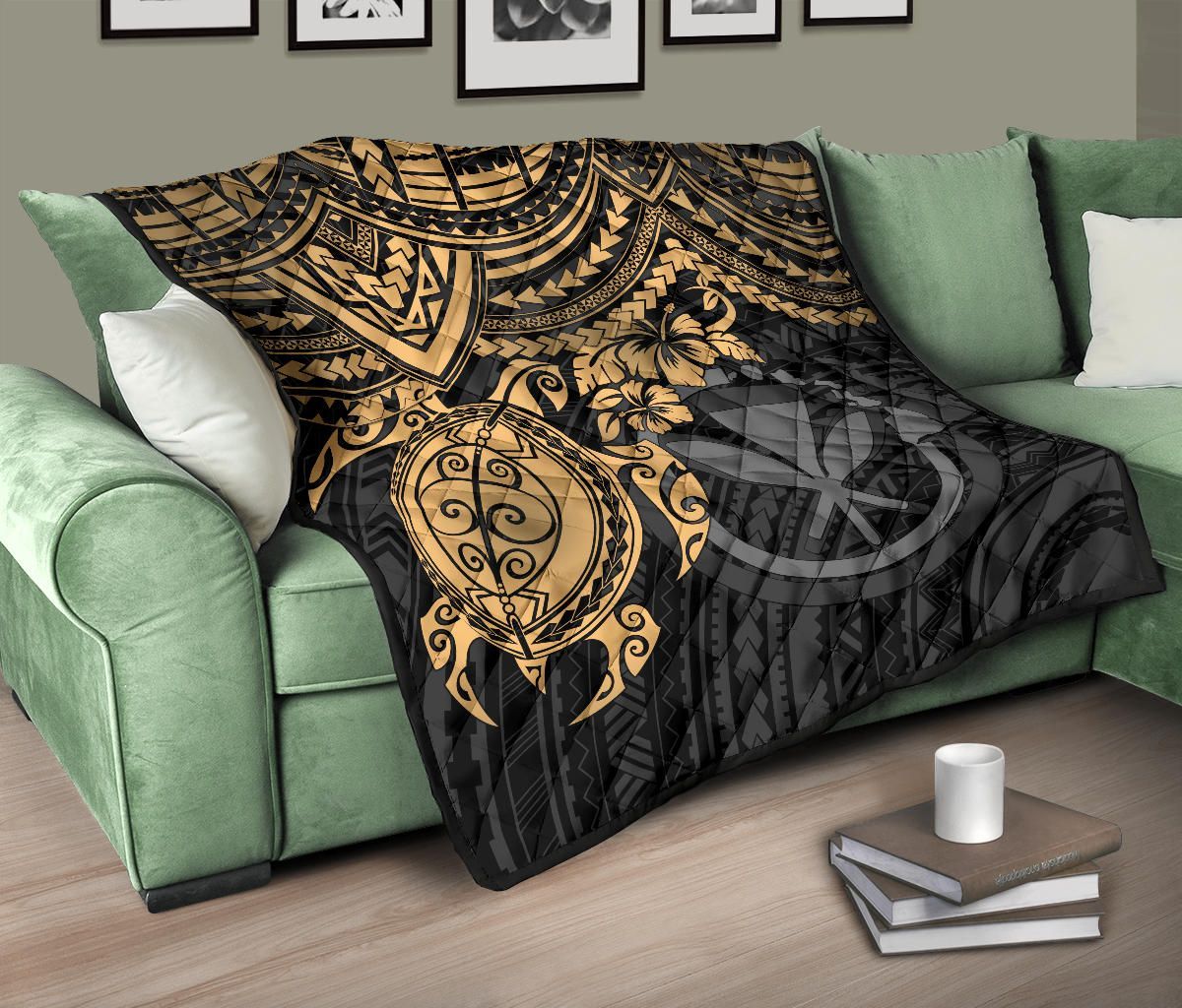 Hawaii Polynesian Premium Quilt - Kanaka Maoli & Gold Turtle Hibiscus