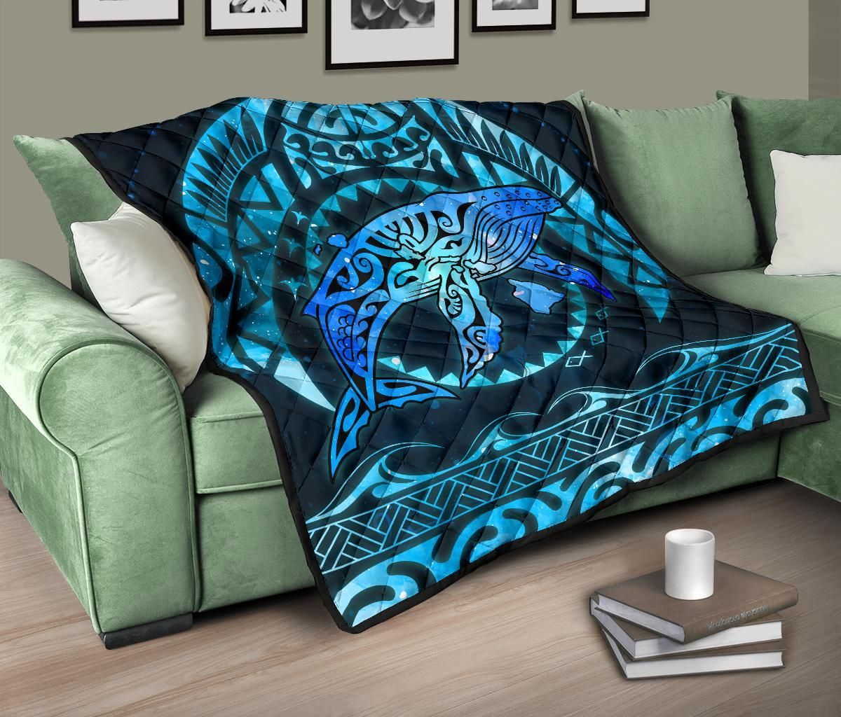 Polynesian Hawaii Premium Quilt - Whale Hawaii Map Blue Galaxy