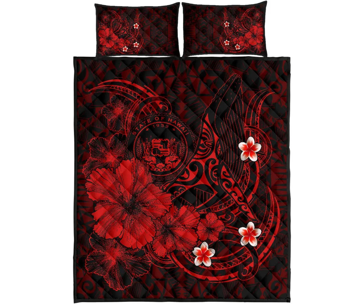 Polynesian Hawaii Quilt Bed Set - Humpback Whale with Hibiscus (Red)