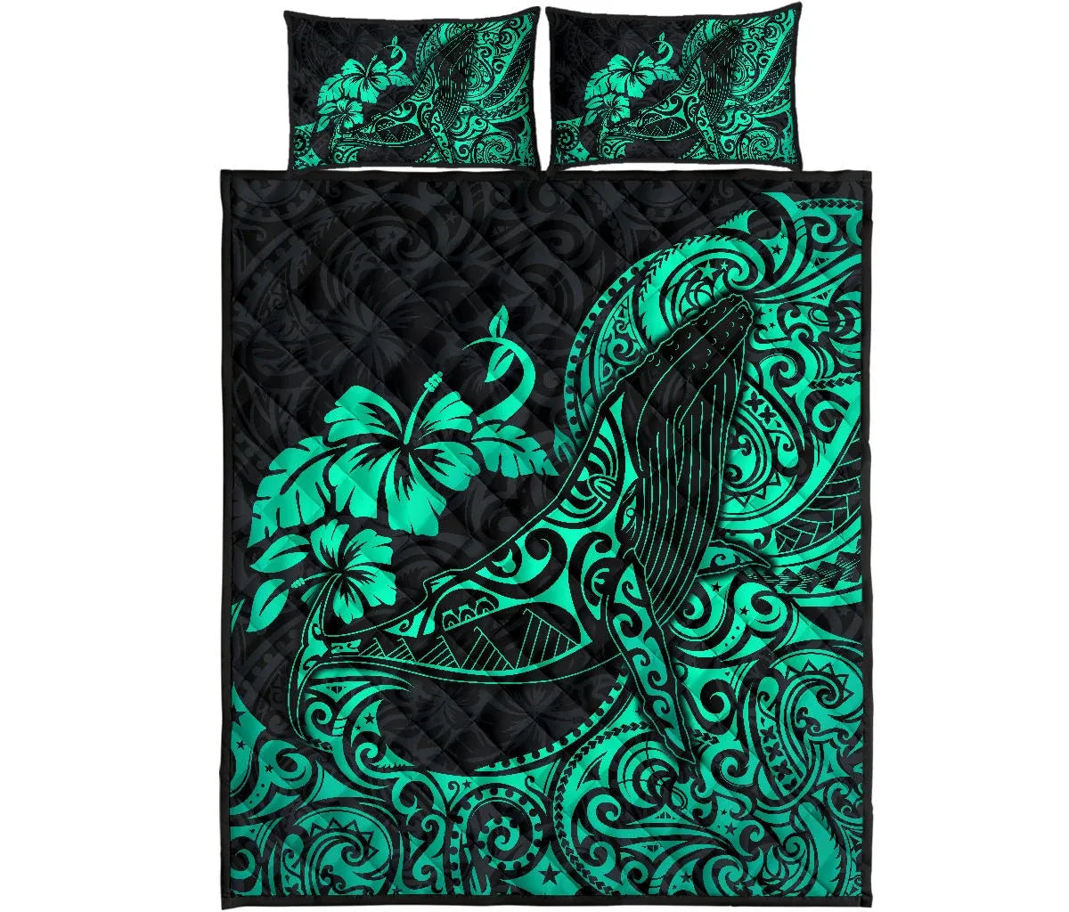 Polynesian Hawaii Quilt Bed Set - Polynesian Turquoise Humpback Whale