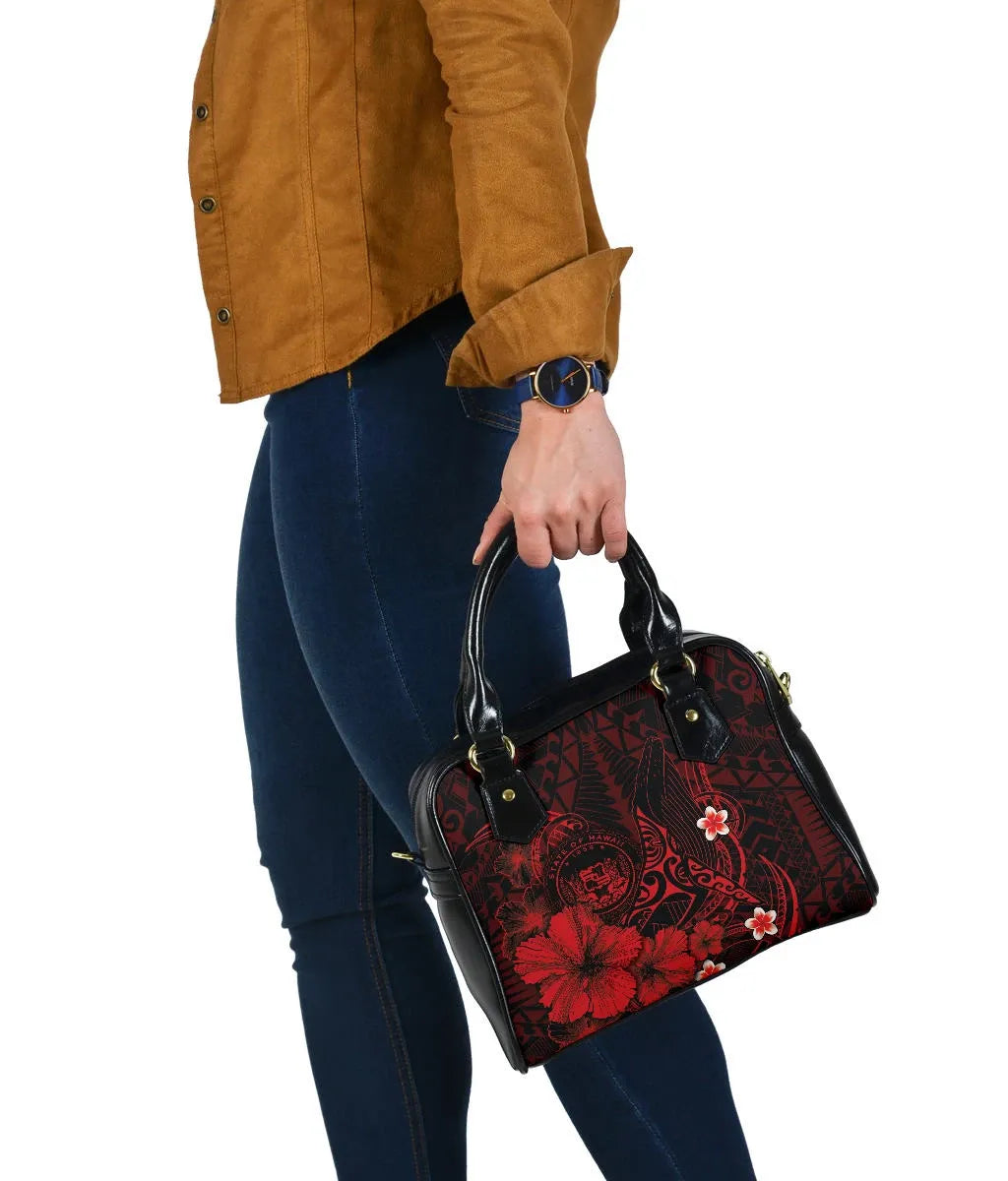 Polynesian Hawaii Shoulder Handbag - Humpback Whale With Hibiscus (Red)