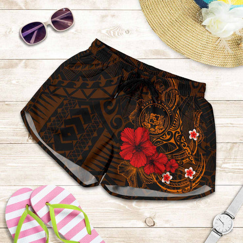 Polynesian Hawaii Women Shorts - Humpback Whale with Hibiscus (Golden)