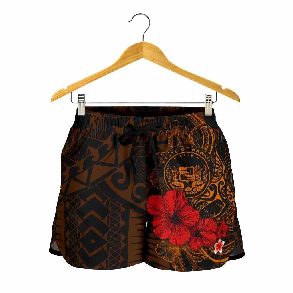 Polynesian Hawaii Women Shorts - Humpback Whale with Hibiscus (Golden)
