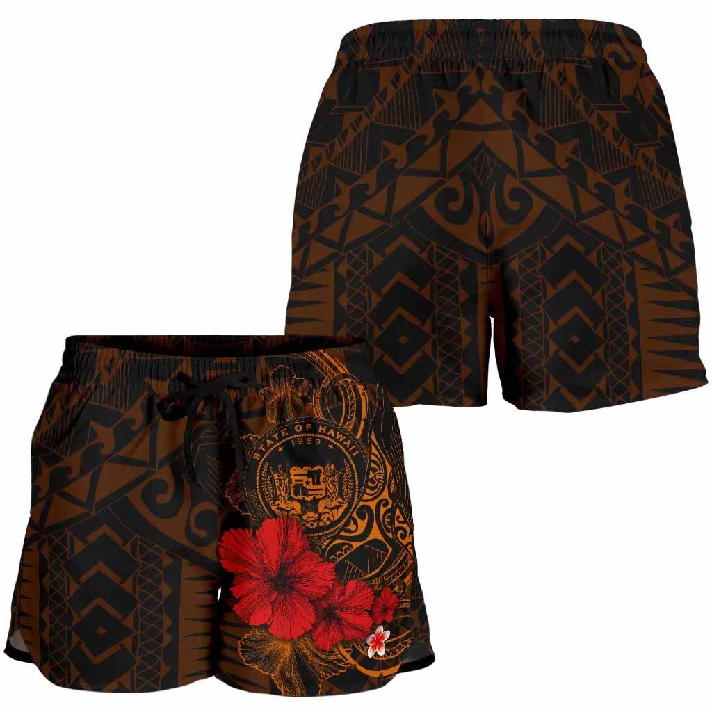 Polynesian Hawaii Women Shorts - Humpback Whale with Hibiscus (Golden)