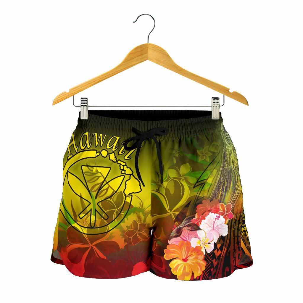 Polynesian Hawaii Women Shorts - Kanaka Maoli Humpback Whale with Tropical Flowers (Yellow)