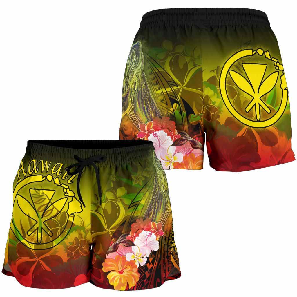Polynesian Hawaii Women Shorts - Kanaka Maoli Humpback Whale with Tropical Flowers (Yellow)